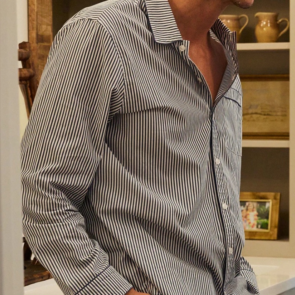 Lake Men's Poplin Pajama Shirt in Navy Stripe Lounge Nautical